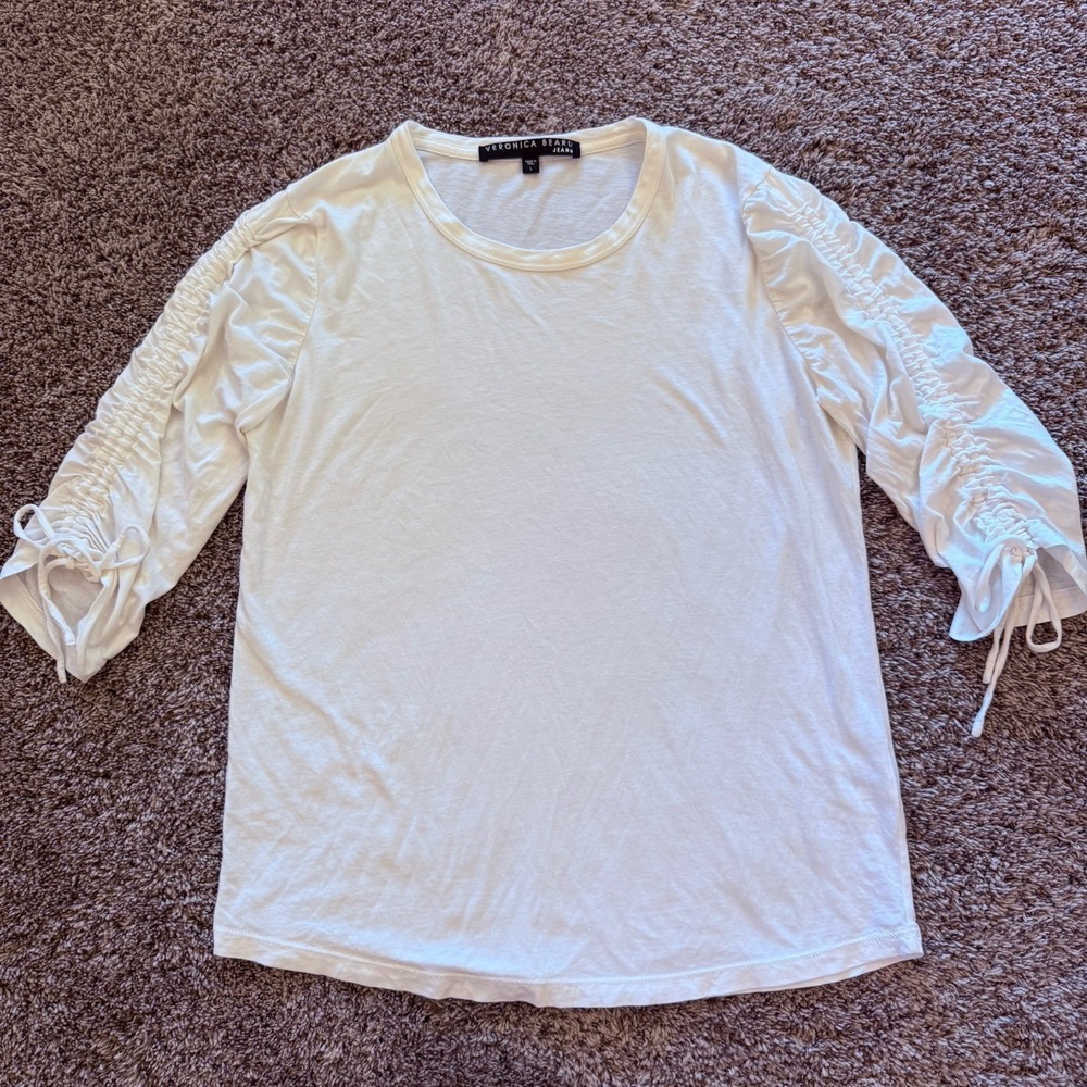 Veronica Beard Jeans White Waldorf Ruched Tie Sleeve Pima Cotton Tee Shirt Top L